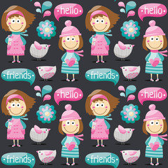 Seamless pattern with cute birds, girls kids abstract flowers, words hello and friends  gifts