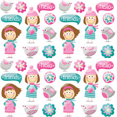 Seamless pattern with cute birds, girls kids abstract flowers, words hello and friends gifts cartoon