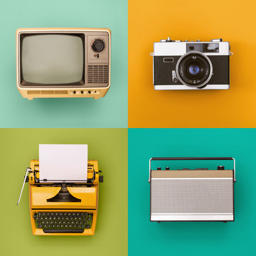 Vintage / retro tv, radio, camera, typewriter set