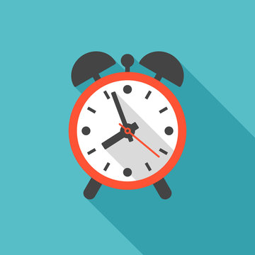 Alarm clock icon with long shadow. Flat design style. Clock silhouette. Simple icon. Modern flat icon in stylish colors. Web site page and mobile app design element.
