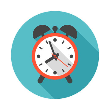 Alarm clock circle icon with long shadow. Flat design style. Alarm clock simple silhouette. Modern round icon in stylish colors. Web site page and mobile app design vector element.