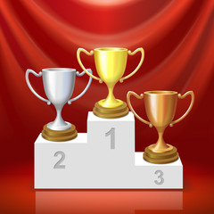 Gold, silver and bronze trophy cup, winners podium on red background vector illustration.