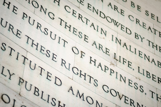Inscription in the Jefferson Memorial in Washington DC of inalienable rights (including the famous quintessentially American pursuit of happiness) from the US Declaration of Independence