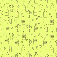 Seamless pattern tequila, cactus and limes. Hand drawing doodles vector illustration.