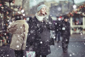 girl outside snow winter autumn city
