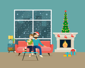 Couple at home sitting on sofa. Christmas room interior. Christmas tree, fireplace and sofa. Vector flat illustration