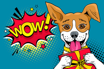 Wow pop art dog. Funny surprised dog with open mouth and gift box in his paws and Wow speech bubble. Vector colorful illustration in retro comic style.