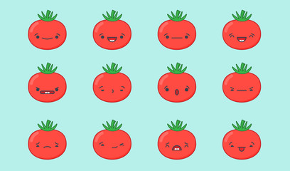 Set of vector kawaii tomato emoticons. Isolated on light blue background.