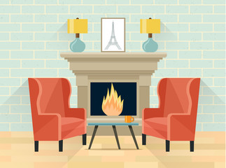 Interior living room. Fireplace and chairs. Vector flat illustration