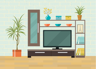 Living room interior. Tv table with tv set. Vector flat illustration