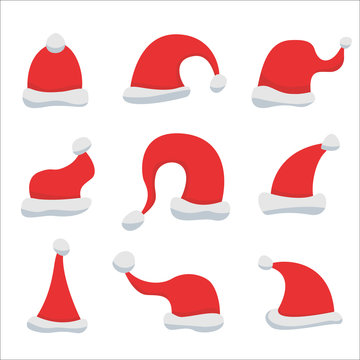 Set of Red Santa Claus Hats isolated on white background. Winter Merry christmas and new year celebration vector illustration.