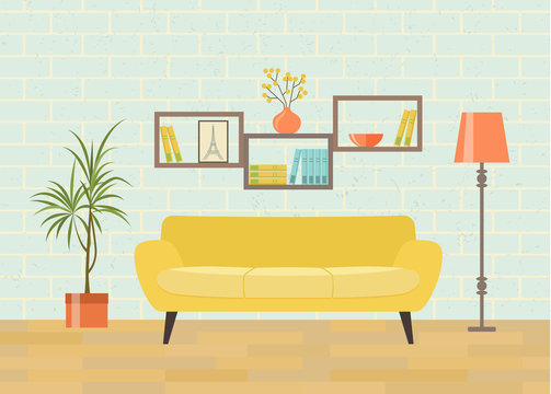 Retro interior living room with bookcase,sofa, houseplant. Vector flat illustration