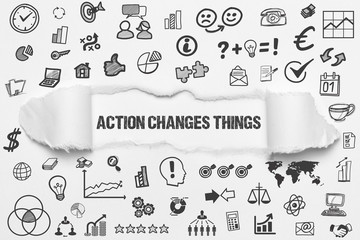 Action changes things / weißes Papier mit Symbole