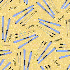 Seamless background with mountain skiing and sticks. Pattern.