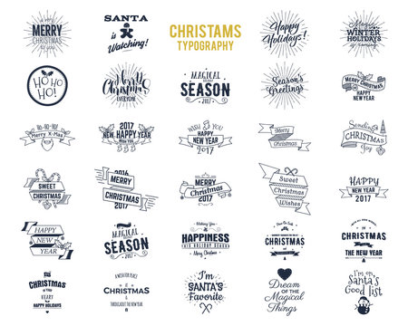 Big Christmas bundle - typography wishes, funny badges, holiday icons and other elements. New Year 2017 lettering, sayings  vintage labels. Season's greetings calligraphy. Stock Vector isolated