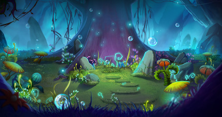 Fantastic and Magical Forest. Video Game's Digital CG Artwork, Concept Illustration, Realistic Cartoon Style Background
