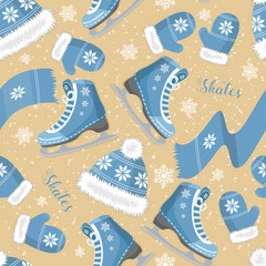 Seamless background with curly skates on the ice. With snowflakes. Pattern.