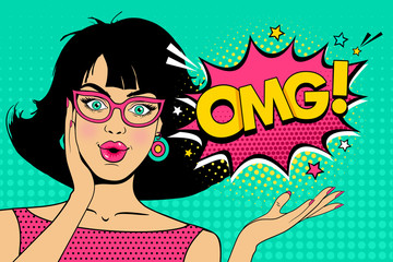 Wow pop art female face. Sexy surprised young woman in glasses with open mouth and black hair and OMG! speech bubble. Vector bright background in pop art retro comic style. - obrazy, fototapety, plakaty
