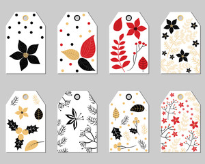 Set of floral Christmas gift tags or labels with foliage, leaves and berries