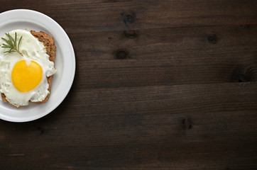 fried egg with rosemary on a white plate