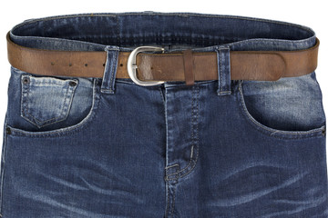 blue jeans with leather belt isolated on a white background - clipping paths