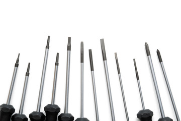 Set of screwdrivers. Slotted, cross and torx head. View from top