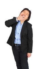 Beautiful woman doing different expressions in different sets of clothes: yawn