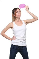 Girl with serious face holding thinking cloud. Close up. White background