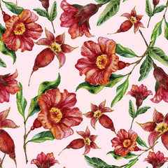 Watercolor hand painting seamless pattern with pomegranate branches.