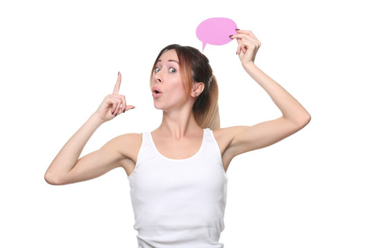 Girl with thinking cloud showing one finger. Close up. White background