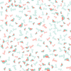Seamless pattern with cute and chic birds and hand drawn brush lettering quotes and words for lovers and Valentines day design