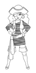Pirate girl in striped vest, boots and eye patch