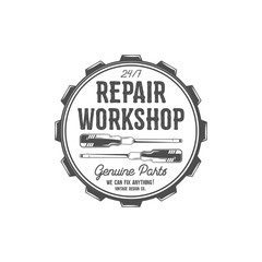 Vintage label design. Repair workshop patch in old style with screwdrivers. Use for station, car service logo, badge, insignia. Retro monochrome . stamp.
