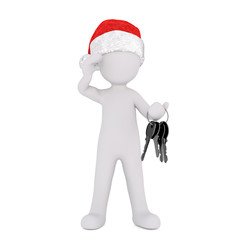 Festive 3d man in a Santa hat holding keys
