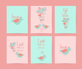 Fototapeta na wymiar Valentines day gift cards. Handdrawn design elements and greeting quotes and wishes inscriptions. Handwritten modern lettering. Birds and hearts
