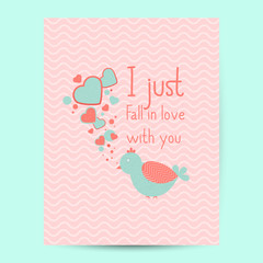 Valentines day gift card. Handdrawn design elements and greeting quote and wishes love inscription. Handwritten modern lettering. Birds and hearts