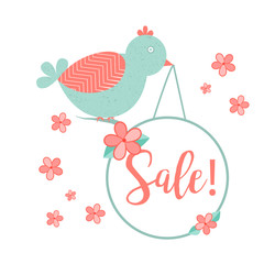 Cute bird with hanging wobler and handdrawn Sale inscription. Flowers symbols, flyer design