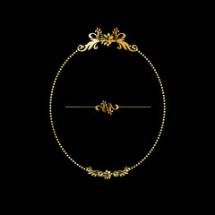 Golden calligraphic design oval frame on the black background. For gold menu and invitation cards, page decor. Luxury style calligraphy with divider