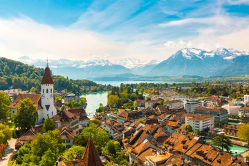 Poster Panorama of Thun city with Alps and Thunersee lake, Switzerland. © volgariver