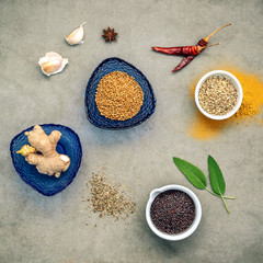 Fototapeta na wymiar Various herbs and spices ginger,fennel seed,dried thyme ,sage le