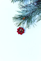 Decorative Christmas toys and spruce branches with cones. Christmas toys on a white background. New Year.