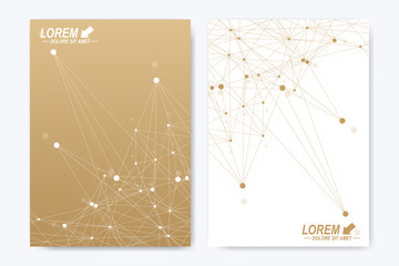Modern vector template for brochure Leaflet flyer advert cover catalog magazine or annual report. A4 size. Business, science, medical design. Golden cybernetic dots. Lines plexus. Card surface.