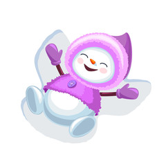 Cute snowman making snow angel isolated on white background