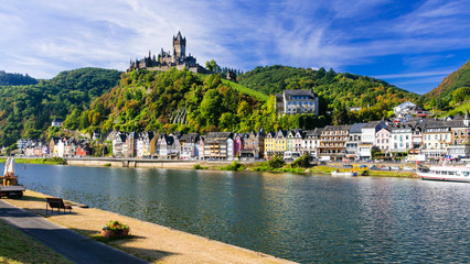 Beautiful Cochem town- Germany. Romantic Rhein river cruises. - obrazy, fototapety, plakaty