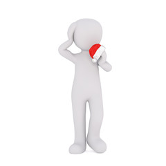 Puzzled 3d man with a tiny red Santa hat