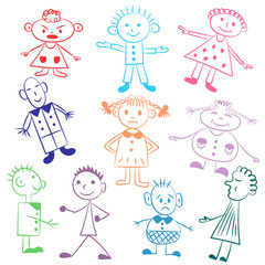 Set of ten cute kids.Colorful  Funny children drawings. Sketch style. Vector illustration.
