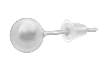 Close-up on smal silver ball-shaped earring over white background