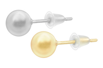 Close-up on smal silver and gold ball-shaped earrings over white background