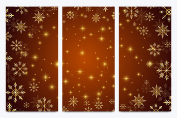 Modern Happy New Year set of vector flyers. Christmas background. Design templates with snowflakes. Invitation cards surface.