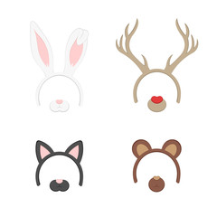 Cartoon Cute Headband with Ears Holiday Set. Rabbit, deer, cat, bear. Flat Design Style. Party Mask Vector illustration.